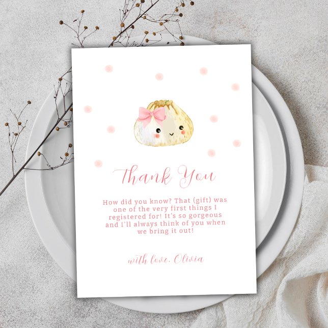 Carte De Remerciements Petit Baby shower de fille Douce Rose (Pink Sweet Little Dumpling Girl Baby Shower Thank You Card)