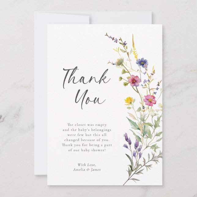 Carte De Remerciements Petit Baby shower Floral Fleur sauvage fille (Devant)