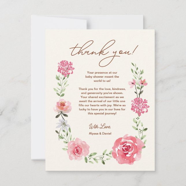 Carte De Remerciements Petit Bébé En Fleur Baby shower Floral Aquarelle (Devant)