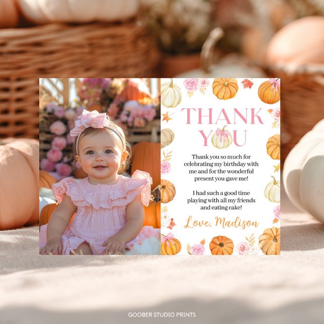 Carte De Remerciements Petit Citrouille Automne Fille Anniversaire Photo (Créateur téléchargé)