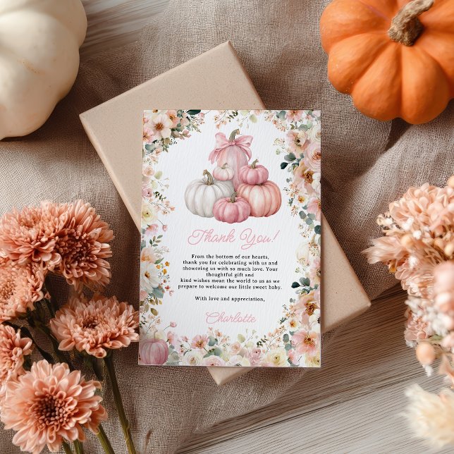 Carte De Remerciements Petit Citrouille Pile Rose Chute Baby shower Flora (Little Pumpkin Pink Stack Fall Floral Baby Shower Thank You Card)