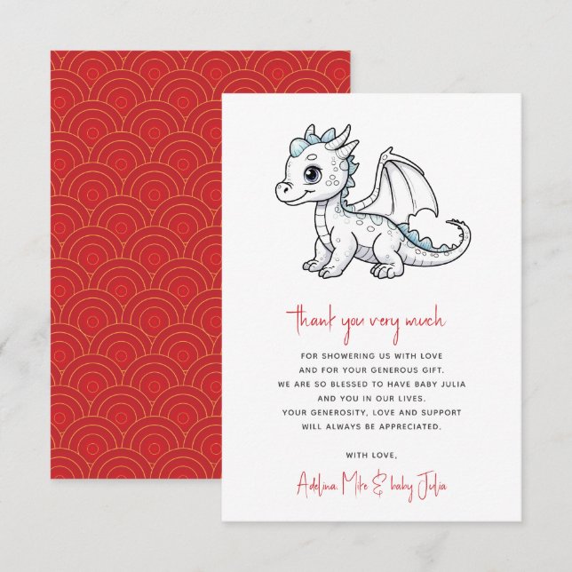 Carte De Remerciements Petit Dragon Mignonne Sur Le Chemin Baby shower Ro (Devant / Derrière)