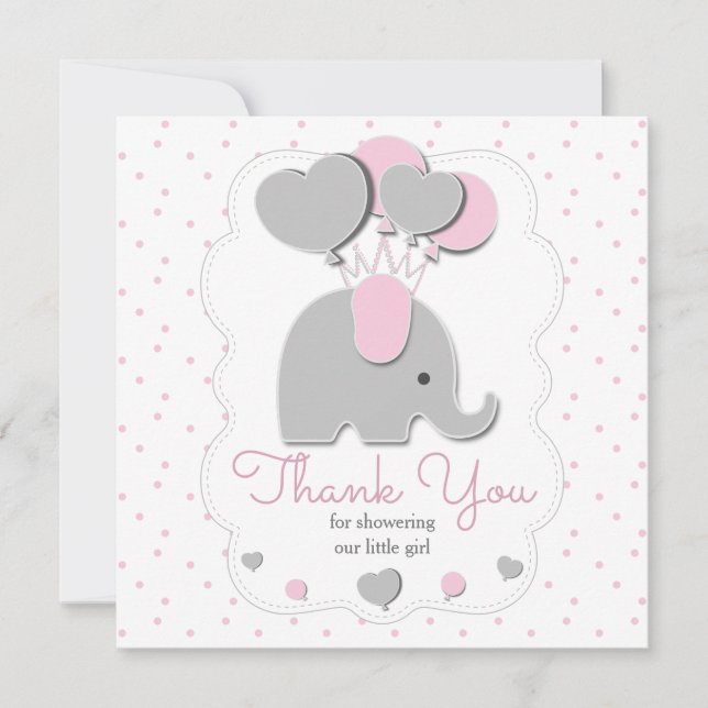 Carte De Remerciements petit éléphant gris rose (Devant)