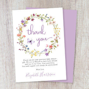Carte De Remerciements Petit Fleur sauvage Aquarelle Bébé Fille Douche