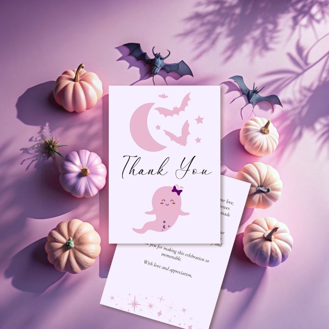 Carte De Remerciements Petit garçon mignon fantôme Halloween baby shower (Little boo cute ghost Halloween baby shower Thank You Cards pastel pink)
