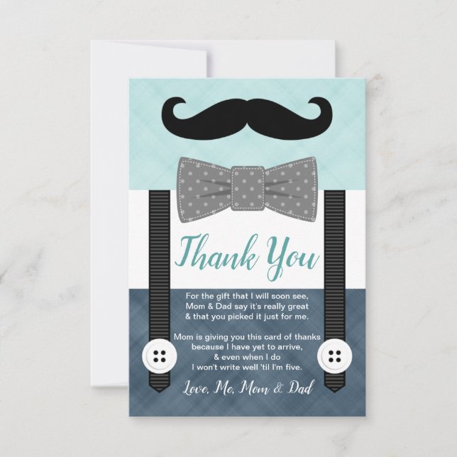 Carte De Remerciements petit homme moustache garçon menthe marine bleu ba (Devant)