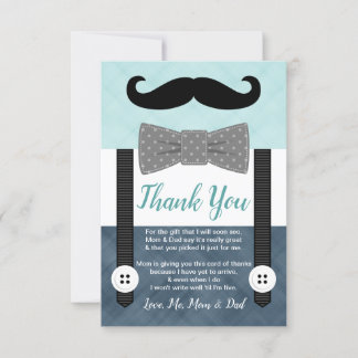 Carte De Remerciements petit homme moustache garçon menthe marine bleu ba
