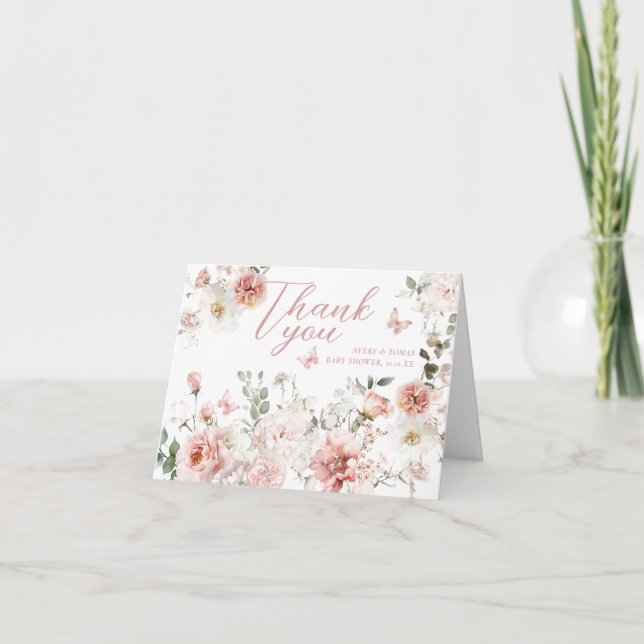 Carte De Remerciements Petit Papillon rose Floral Baby Girl Douche (Devant)
