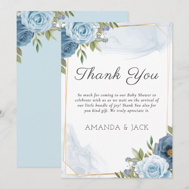 Carte De Remerciements Petit Sweetie Elegant Baby shower Bleu Botanique (Devant / Derrière)