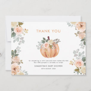 Carte De Remerciements Petite Citrouille Rose Fleurs Bébé Shower d'Automn