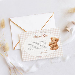 Carte De Remerciements Petite Fête Baby Shower Ours en Velours Gingham Ma