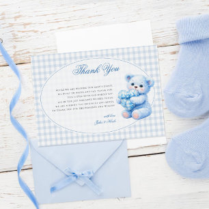 Carte De Remerciements Petite Fête de Naissance Ourson en Vichy Bleu