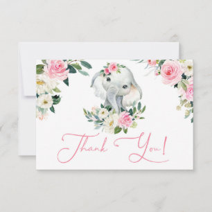 Carte De Remerciements Petite fille éléphant baby shower floral rose vif
