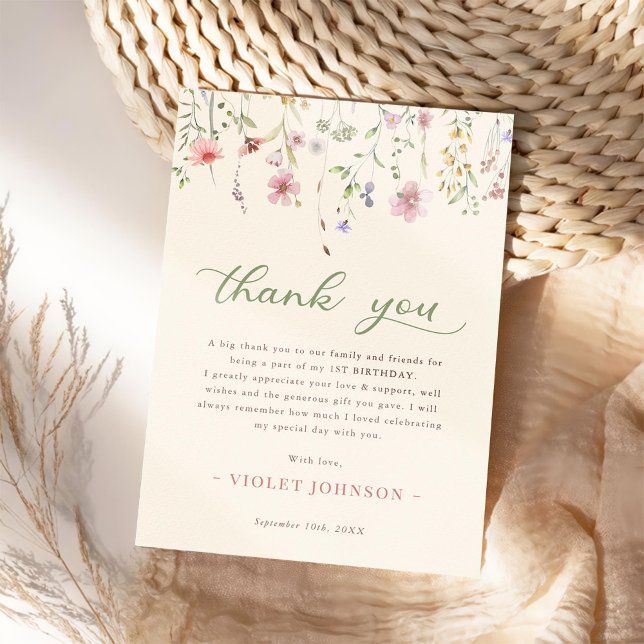 Carte De Remerciements Petite fleur Fleur sauvage 1er anniversaire (Créateur téléchargé)