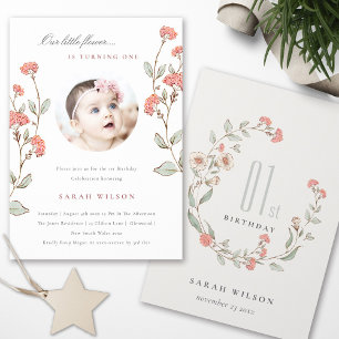 Carte De Remerciements Petite Fleur Rose Photo Bébé Fille Anniversaire In