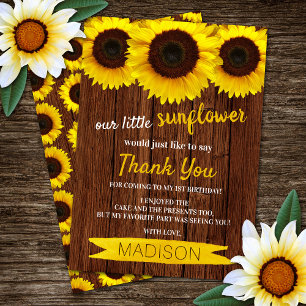 Carte De Remerciements Petite tournesol Bois rustique Anniversaire
