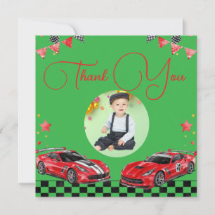 Carte De Remerciements Petite voiture de course rouge et noire rapide 1er