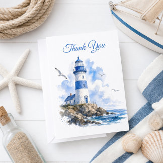 Carte De Remerciements Phare Bleu Blanc Nautical 