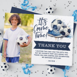 Carte De Remerciements Photo à l'aquarelle d'enfants de football en bleu 