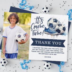 Carte De Remerciements Photo à l'aquarelle d'enfants de football en bleu 