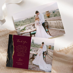 Carte De Remerciements Photo Agate Noire Écriture Dorée Mariage Bordeaux