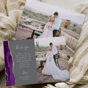 Carte De Remerciements Photo Agate Violet Gris Argent Script Mariage