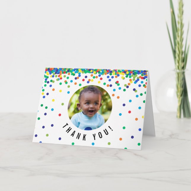 Carte de remerciements photo | Anniversaire Confet (Devant)