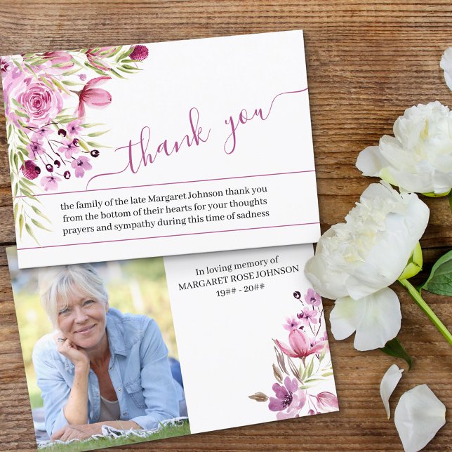 Carte De Remerciements Photo avec des fleurs violettes roses et des funér (Créateur téléchargé)