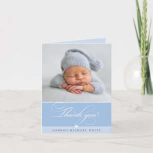 Carte De Remerciements PHOTO BABY élégante calligraphie chic garçon bleu