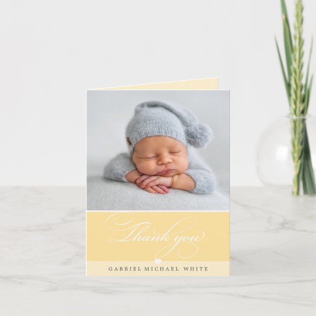 Carte De Remerciements PHOTO BABY élégante calligraphie élégante jaune (Devant)