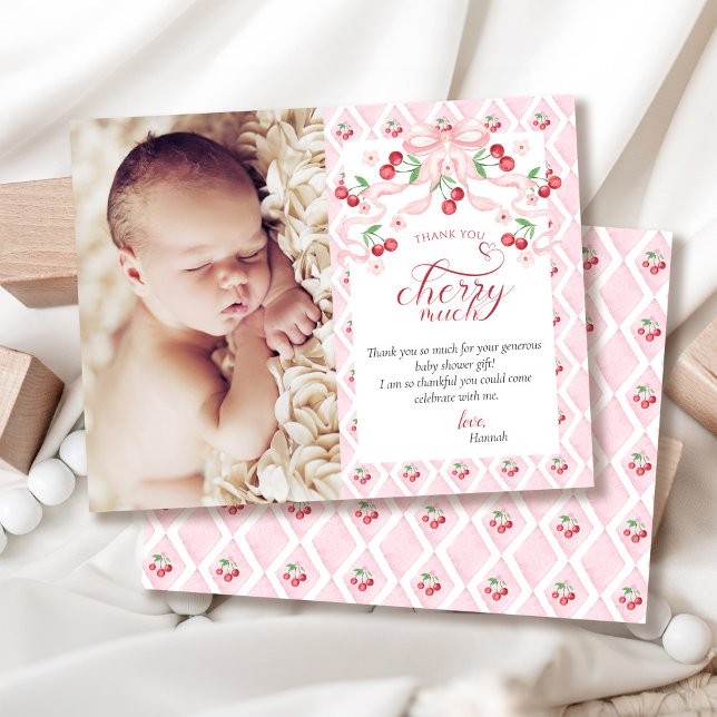 Carte De Remerciements Photo Baby shower cerise (Créateur téléchargé)