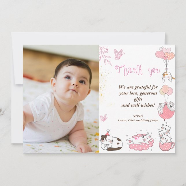 Carte De Remerciements Photo Baby shower personnalisée avec chats (Devant)