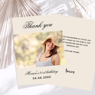 Carte de remerciements photo beige anniversaire