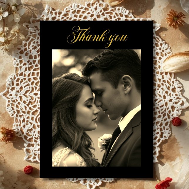 Carte De Remerciements  Photo Black Gold  (Vintage Film Look Photo overlay Black Gold Thank You Card)