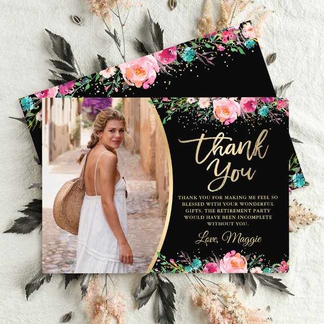 Carte De Remerciements Photo Black Gold Floral Surprise Retraite Party (Créateur téléchargé)