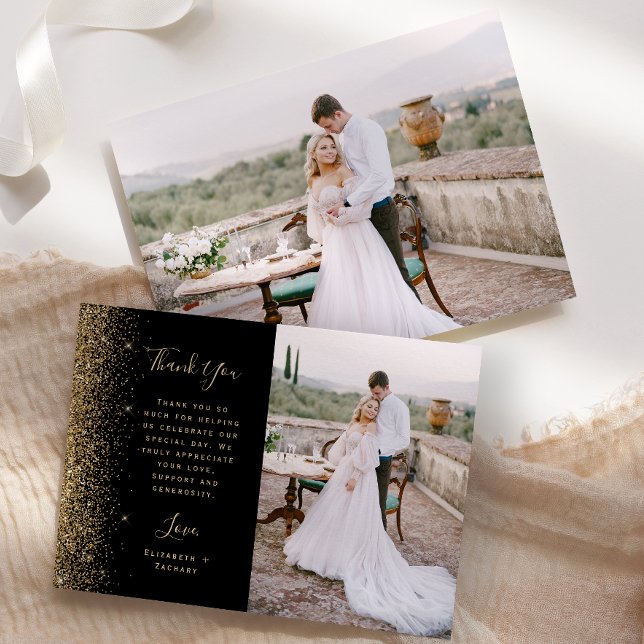 Carte De Remerciements Photo Black Gold Parties scintillant Script Mariag (Créateur téléchargé)
