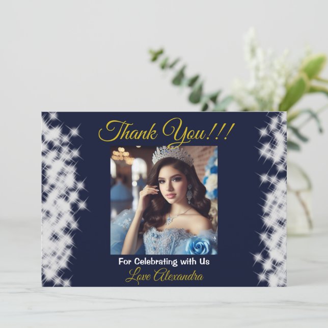 Carte De Remerciements Photo Bleue Marine Boho Quinceañera Espagnol Faveu (Debout devant)