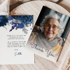 Carte De Remerciements Photo Blue Silver Floral 80e fête d'anniversaire