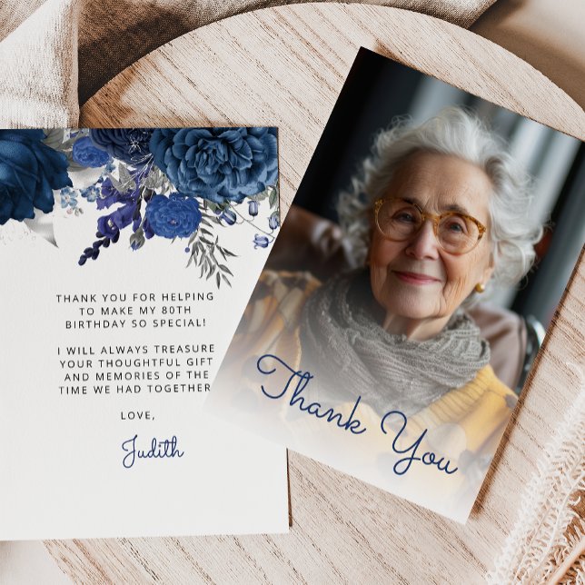 Carte De Remerciements Photo Blue Silver Floral 80e fête d'anniversaire (Créateur téléchargé)