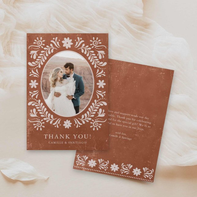 Carte de remerciements photo Boho Terracotta (Boho Terracotta Hand Drawn floral Wedding Photo Thank you Card)
