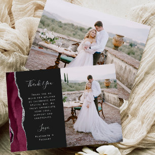 Carte De Remerciements Photo Burgundy Agate Argent Dark Script Mariage