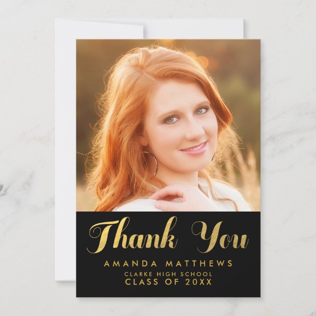 Carte de remerciements photo Chic Gold Black Gradu (Devant)