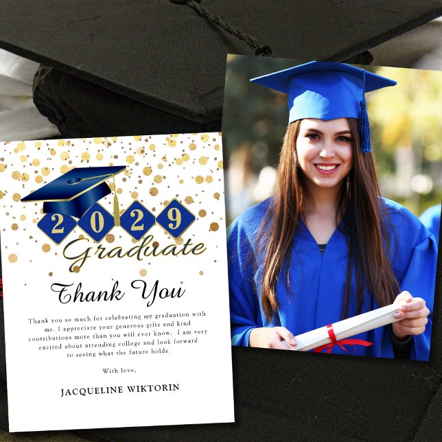 Carte De Remerciements Photo Classic Blue Gold (Classic Blue Gold Graduation Photo Thank You Card)