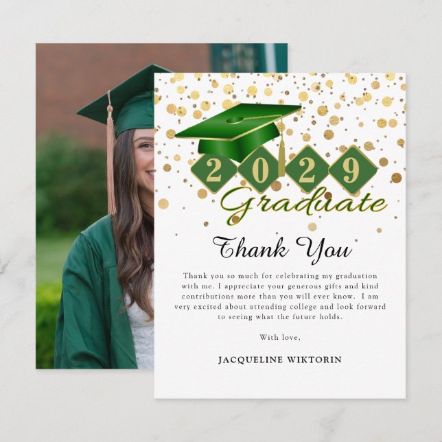 Carte De Remerciements Photo Classic Green Gold Graduation (Devant / Derrière)