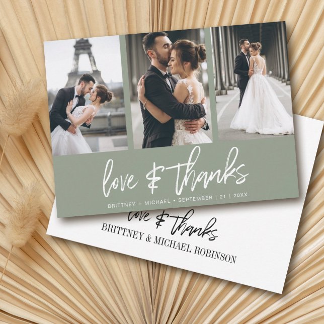 Carte De Remerciements Photo-collage moderne Lettré à la main Sage vert (Show your appreciation to your loved ones with an awesome photo thank-you card!)