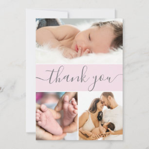 Carte De Remerciements Photo Collage Script moderne rose Grey Baby Girl