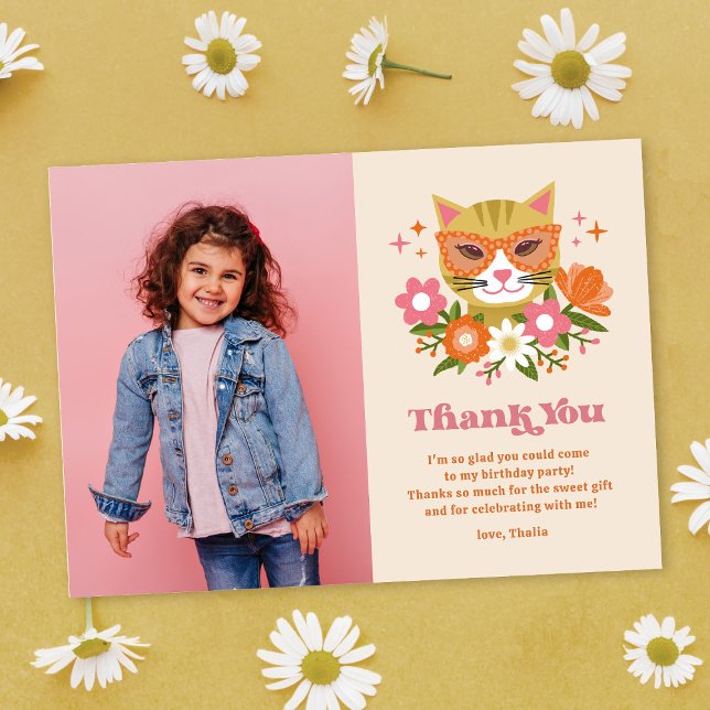 Carte De Remerciements Photo Cute Retro Floral Chat Anniversaire (Créateur téléchargé)