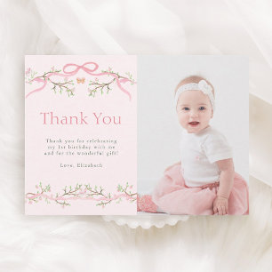 Carte De Remerciements Photo d'anniversaire 1 an Jardin de printemps rose