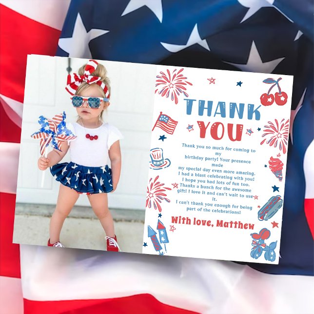 Carte De Remerciements Photo d'anniversaire 4 juillet Little Firecracker (Créateur téléchargé)