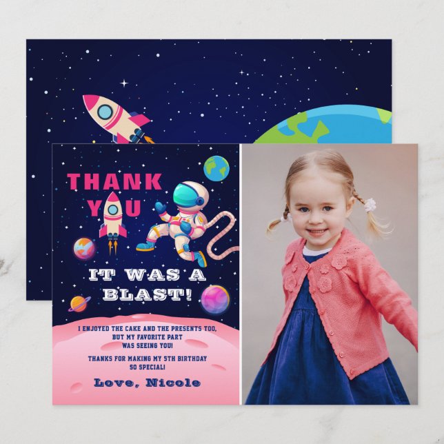 Carte De Remerciements Photo d'anniversaire d'astronaute rose dans l'espa (Devant / Derrière)